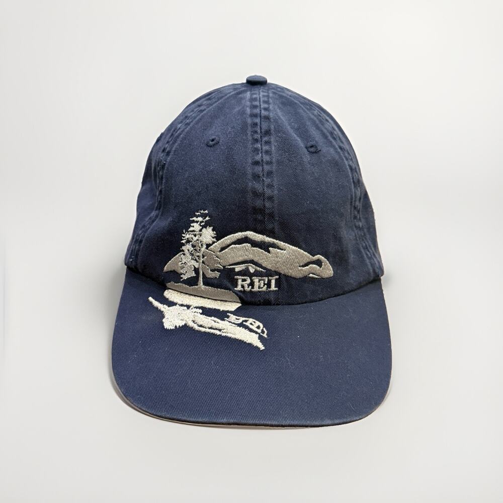Vintage Y2K REI Navy Mountain Tree Embroidered Adjustable Strapback Hat Cap